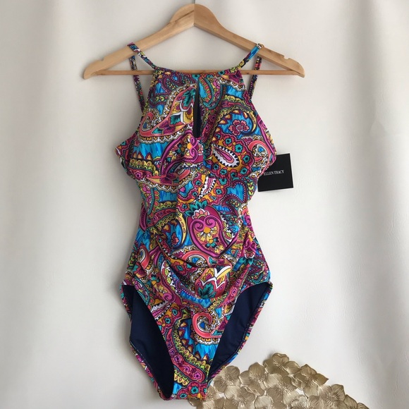 Ellen Tracy Navy Paisley Keyhole HighNeck Swimsuit - Picture 6 of 6